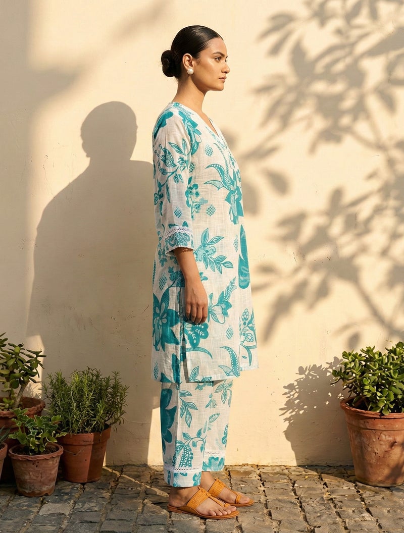 trueBrowns White Blue Floral Print Kurta Pant Set - Image 3